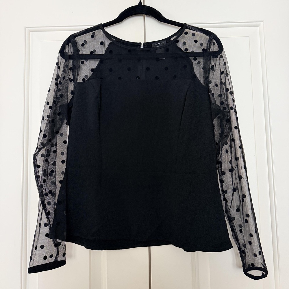 Ann Taylor Blouse Womens 4 Black Sheer Polka Dot Mesh Long Sleeve Party Top